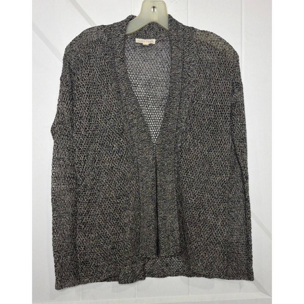 Eileen Fisher Cardigan Sweater Women's MarbledGray Organic Linen Open Front Knit - Picture 4 of 13